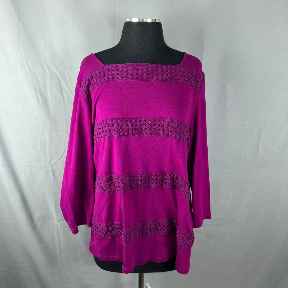 Karen Scott Lile Blouse Top Womens 2XL Magenta Cotton Square Neck Lace Trim